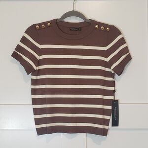 Emerson Lang Viscose Blend Soft Knit Striped Brown & White Top Size Medium New